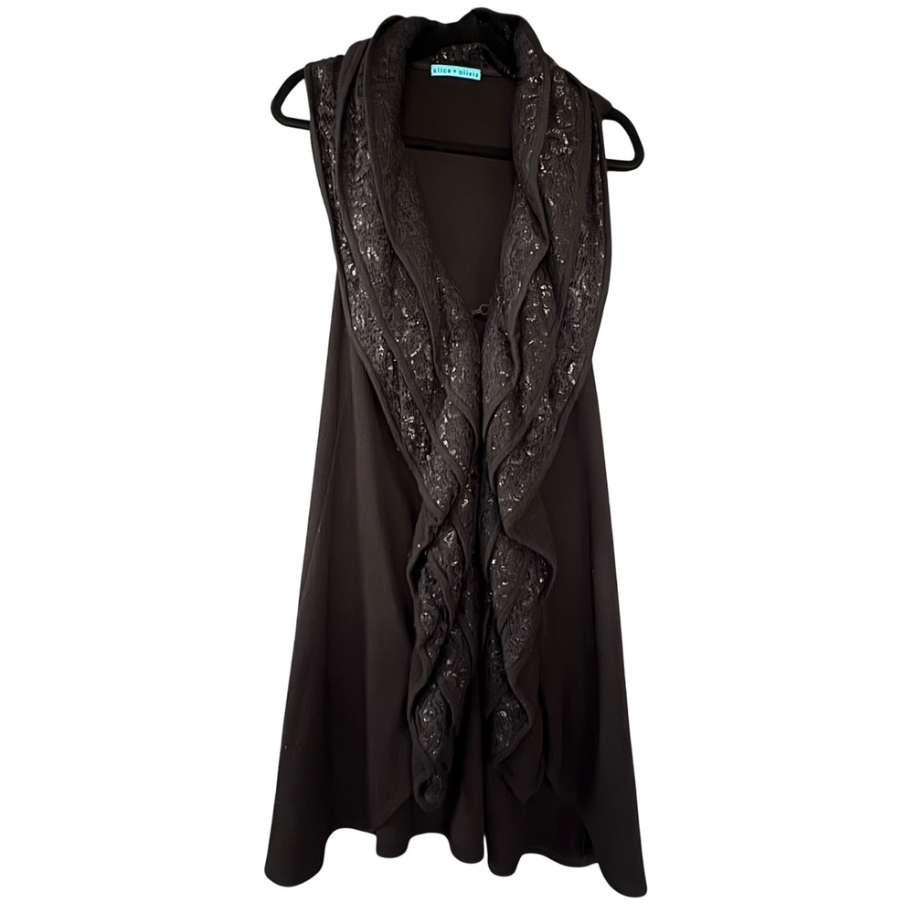 ALICE + OLIVIA Black Waterfall Sequin Cardigan, Ruffle Vest Duster Y2K Sz XS-S